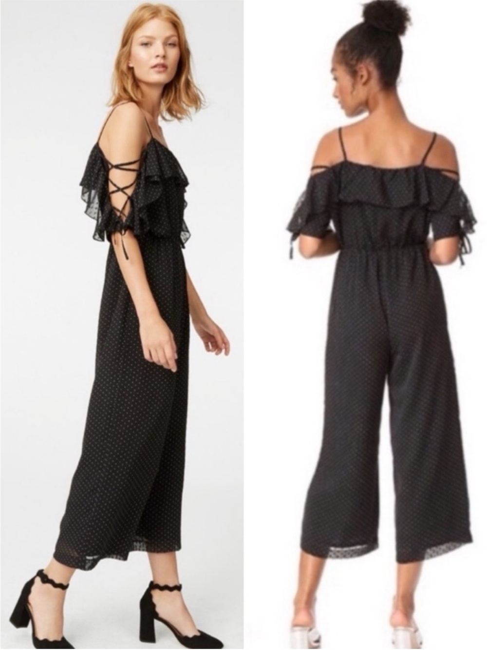 Polka Dot Black Chiffon Ruffle Jumpsuit New Size: US M